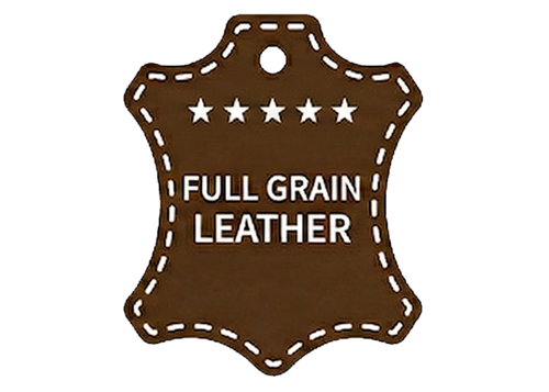 Brown leather patch with 'Full Grain Leather' text on a white background