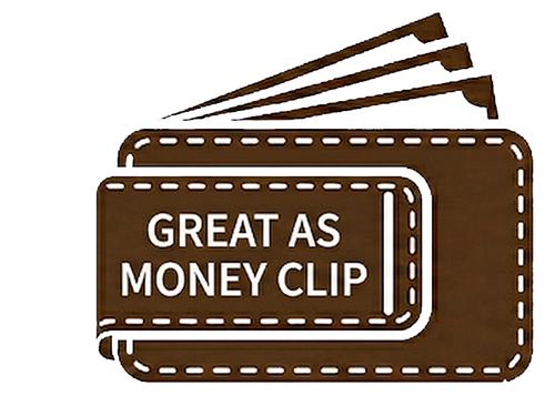 Brown leather money clip with text on a white background